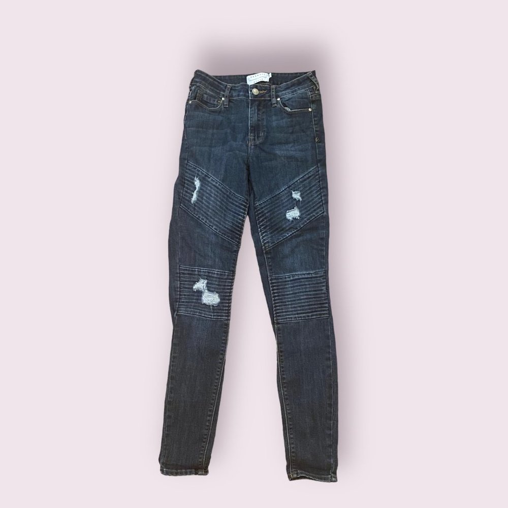 Kendall & Kylie | Women’s | Dark Wash Distressed Moto Style Jeans | Size: 24